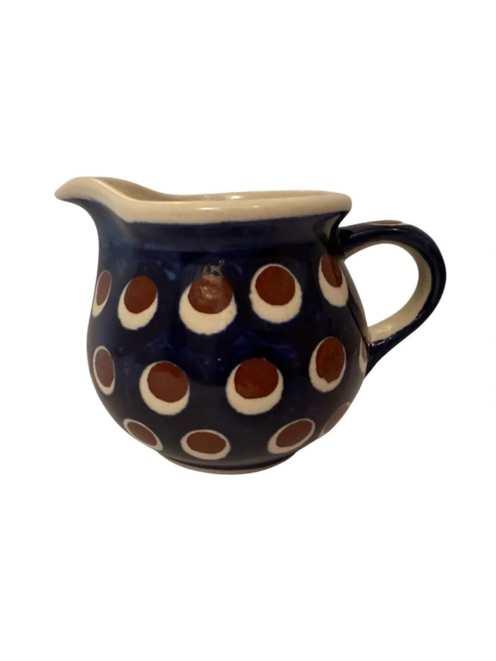 POLISH POTTERY CREAMER MINI PITCHER BLUE WHITE BROWN HANDMADE HOME BOLESLAWIEC